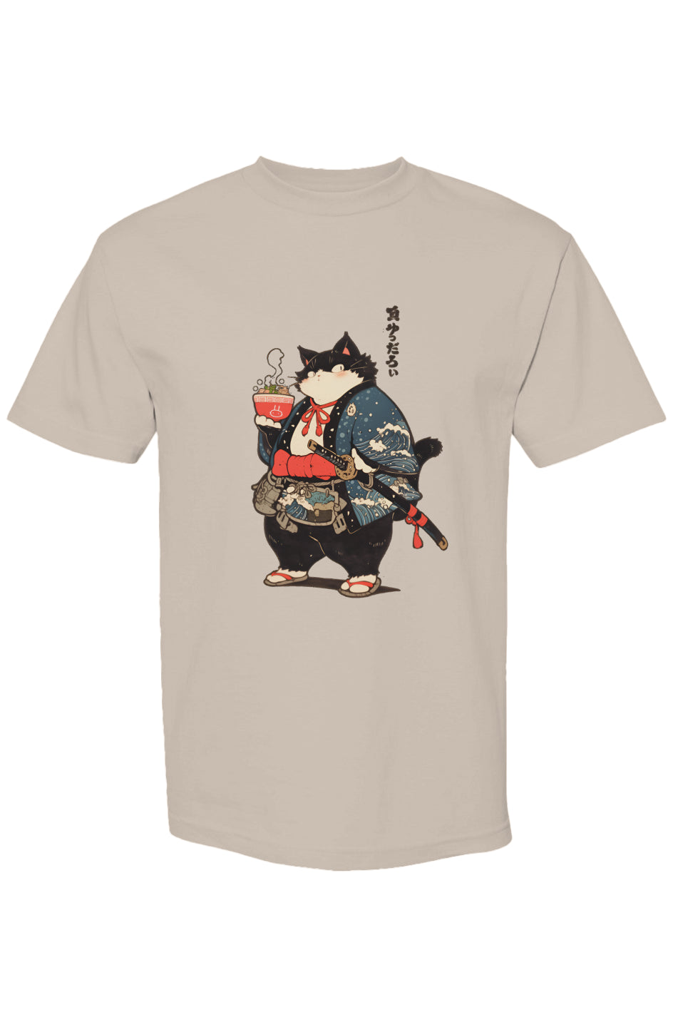 Beige T-shirt featuring a cartoonish samurai cat in a blue kimono with ramen, part of the Shinjoku Streetwear Vibes VII | Seven 25 collection.