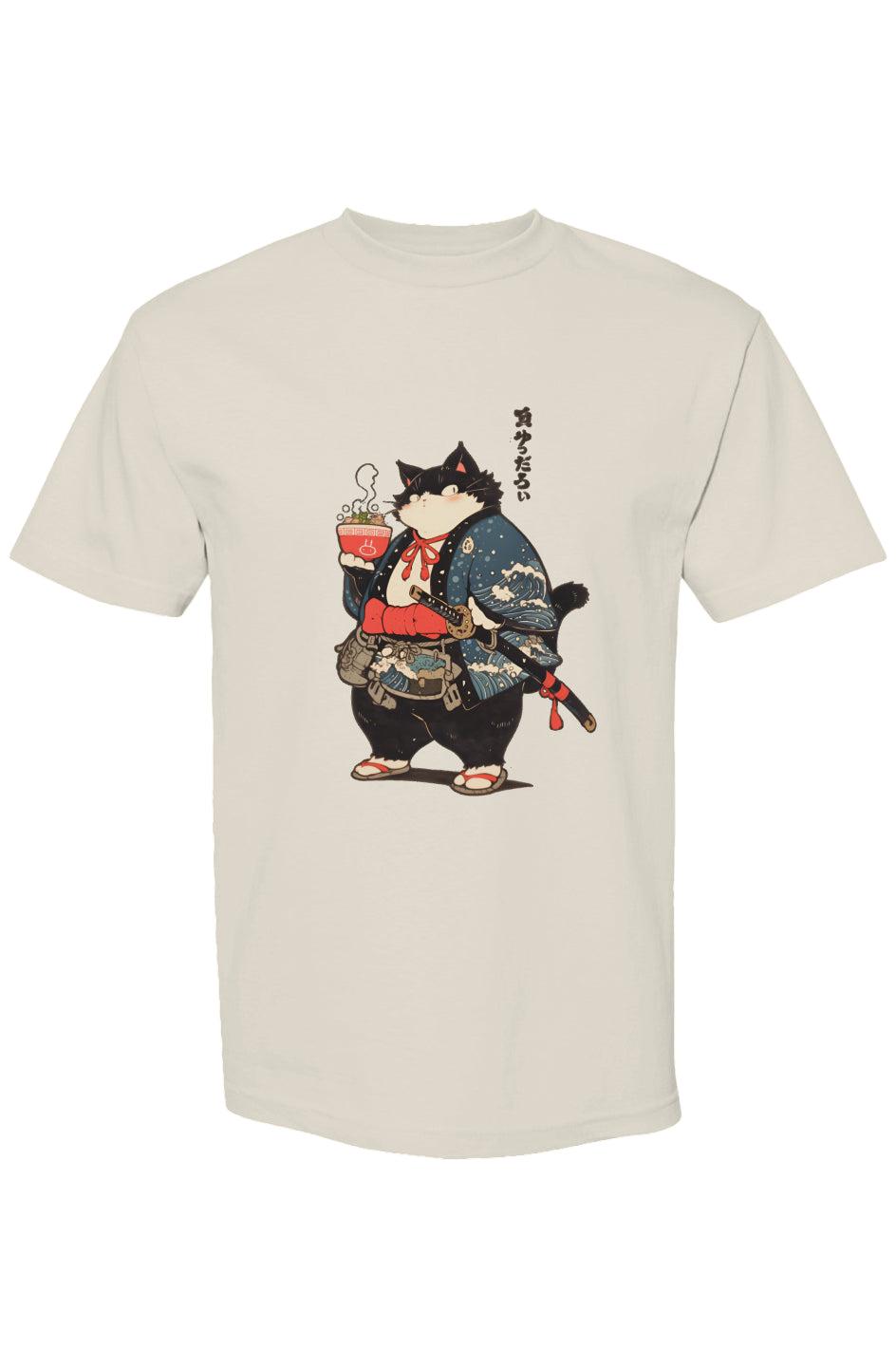 Chubby cartoon cat samurai on Shinjoku Streetwear Vibes VII | Seven 25 T-shirt, featuring detailed kimono, katana, and ramen bowl.