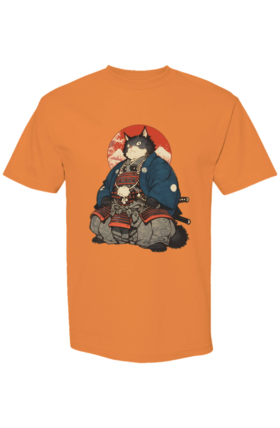 Orange T-shirt featuring a samurai-themed black-and-white cat illustration, part of the Shinjoku Streetwear Vibes VIII | Seven 25 collection, emphasizing unique digital-age expression.