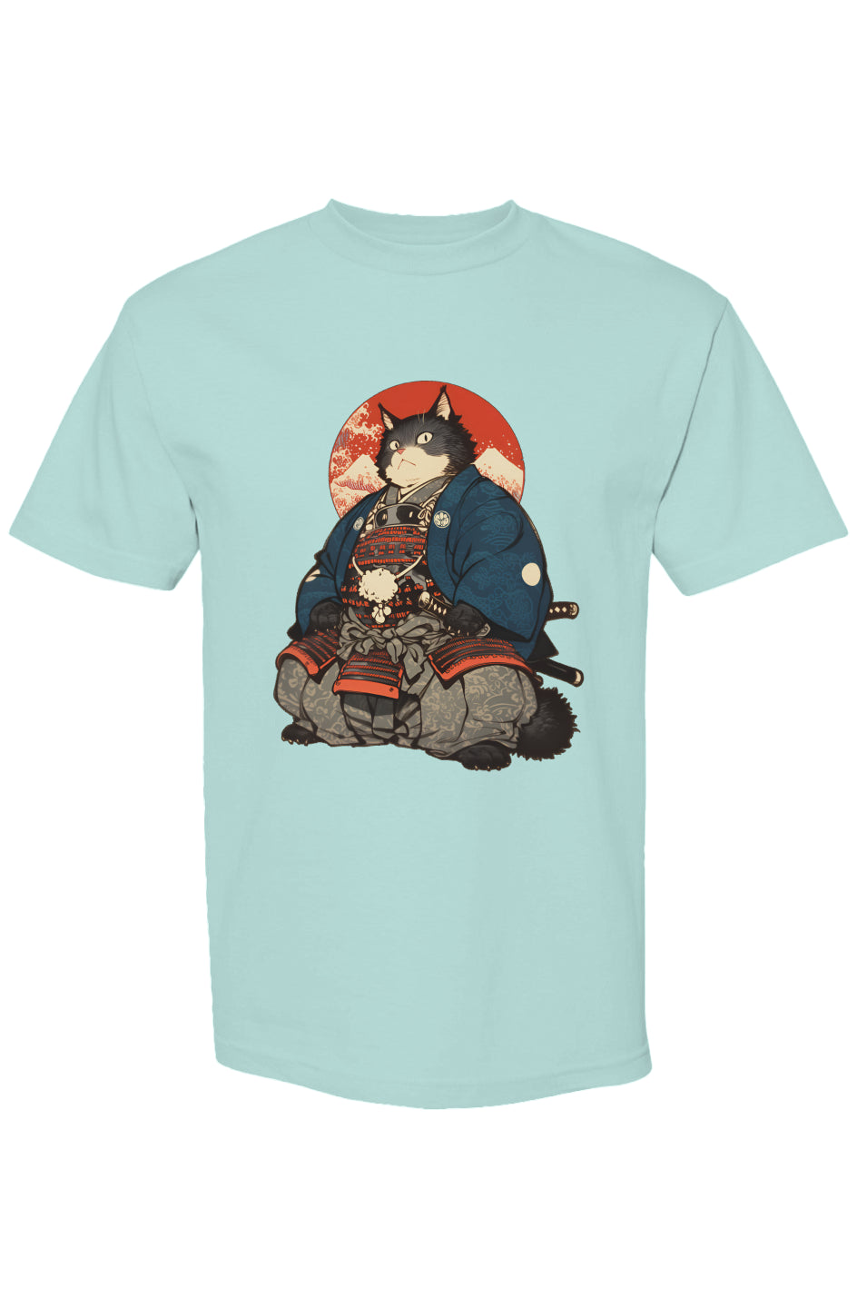 Aqua T-shirt featuring a cat samurai illustration, part of Shinjoku Streetwear Vibes VIII | Seven 25, showcasing digital-age expression on premium cotton.