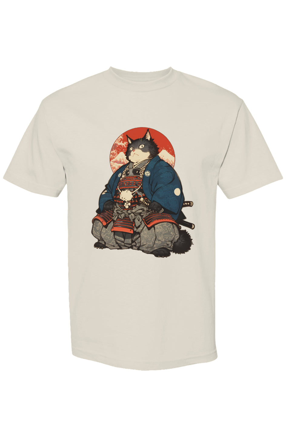 Samurai cat graphic T-shirt from Shinjoku Streetwear Vibes VIII | Seven 25, showcasing detailed Japanese armor on heavyweight cotton for a unique, stylish look.