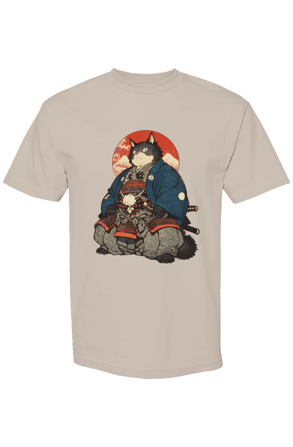 Light-beige T-shirt featuring a cat in samurai armor kneeling before a red sun, from the Shinjoku Streetwear Vibes VIII | Seven 25 collection.