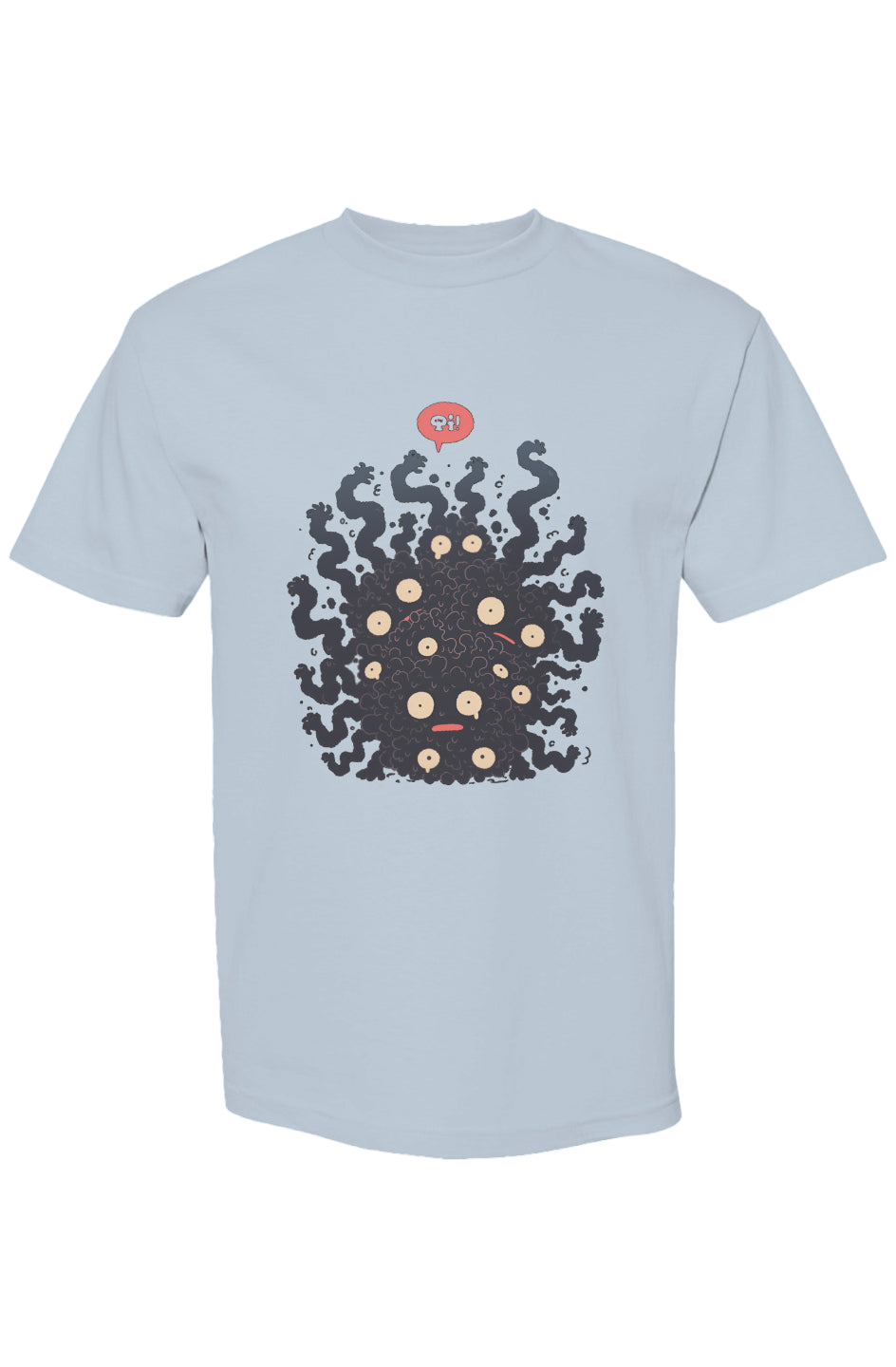 Light-blue T-shirt with a playful monster graphic, featuring a black blob creature with many eyes and a red speech bubble. Part of Shinjoku Streetwear Vibes IX | Seven 25.