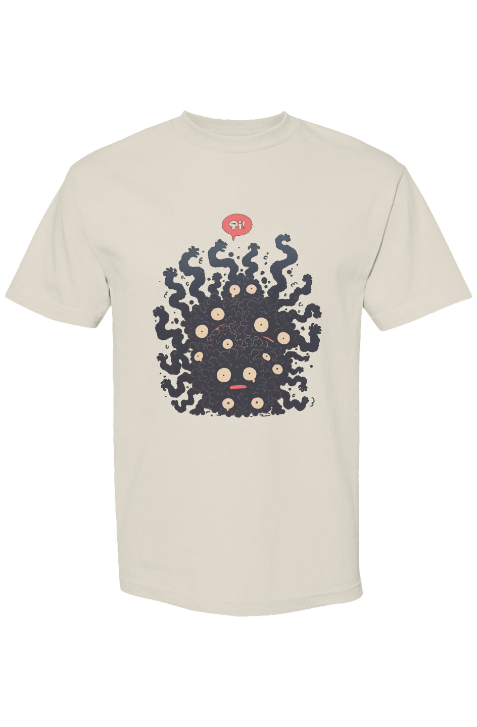 Light-cream T-shirt featuring a fuzzy black mass with eyes and a red Oi! speech bubble, showcasing Shinjoku Streetwear Vibes IX | Seven 25 design.