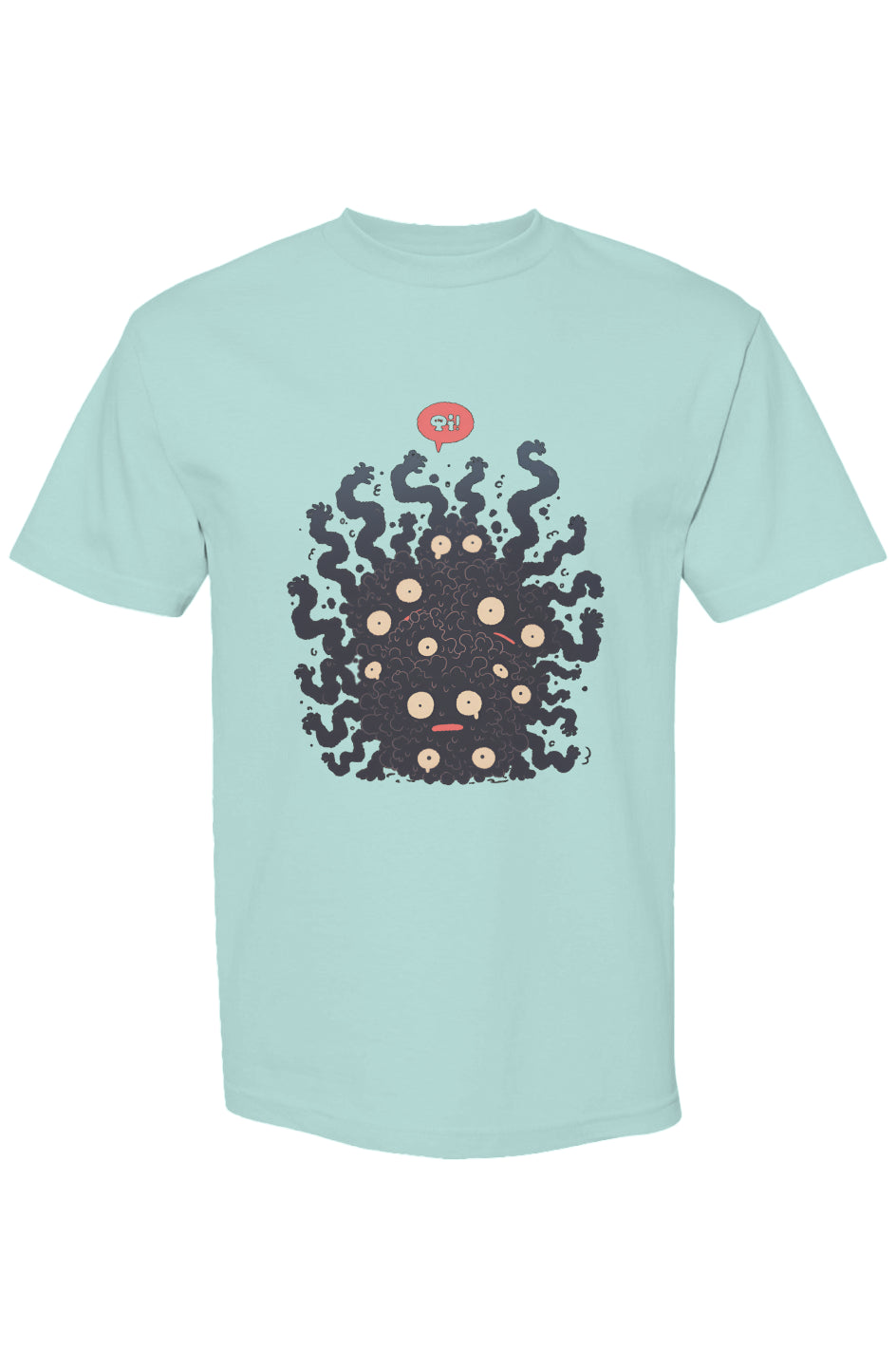 Light aqua-blue T-shirt featuring a playful monster design with a black blob, pale eyes, and a red speech bubble reading “Oi!” from the Shinjoku Streetwear Vibes IX | Seven 25 collection.