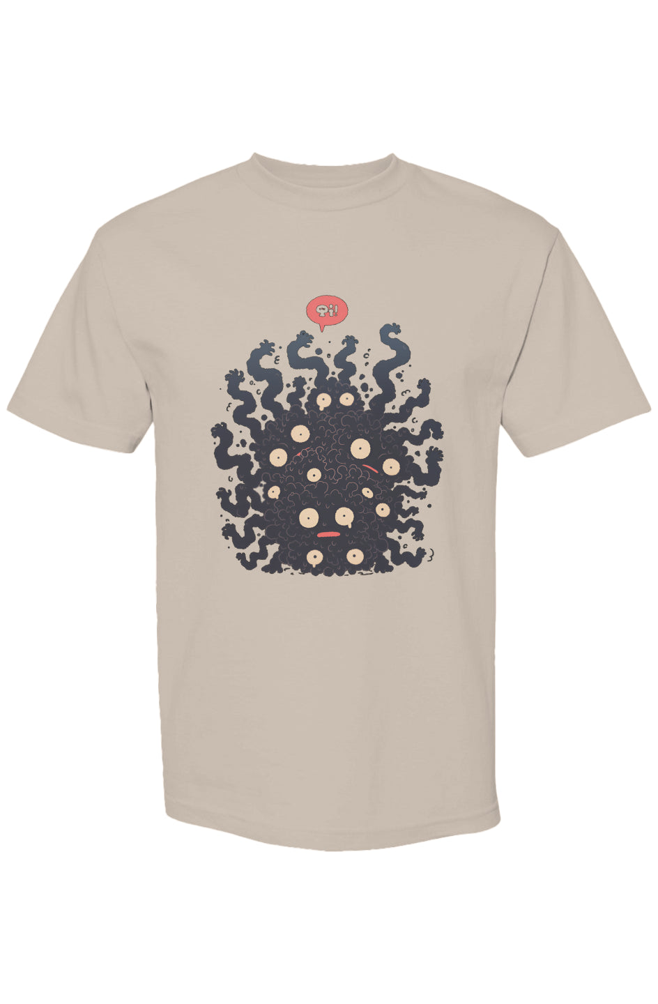 Shinjoku Streetwear Vibes IX | Seven 25 tee featuring a black, multi-eyed, tentacled graphic with Qi! speech bubble, on premium heavyweight cotton, relaxed fit design.