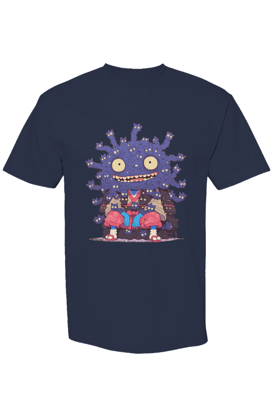 Navy-blue T-shirt featuring a whimsical cartoon of a purple creature with many eyes, dressed in colorful, Japanese-inspired attire, part of Shinjoku Streetwear Vibes X | Seven 25 collection.