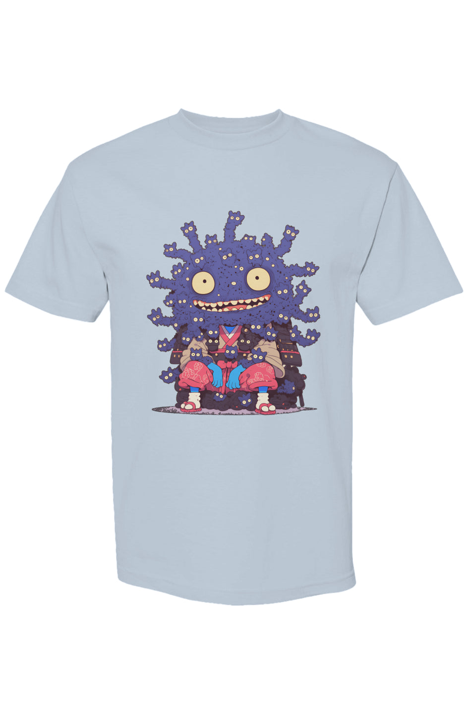 Light-blue T-shirt with a goofy purple creature in samurai outfit, part of Shinjoku Streetwear Vibes X | Seven 25 collection, showcasing bold digital-age expression.