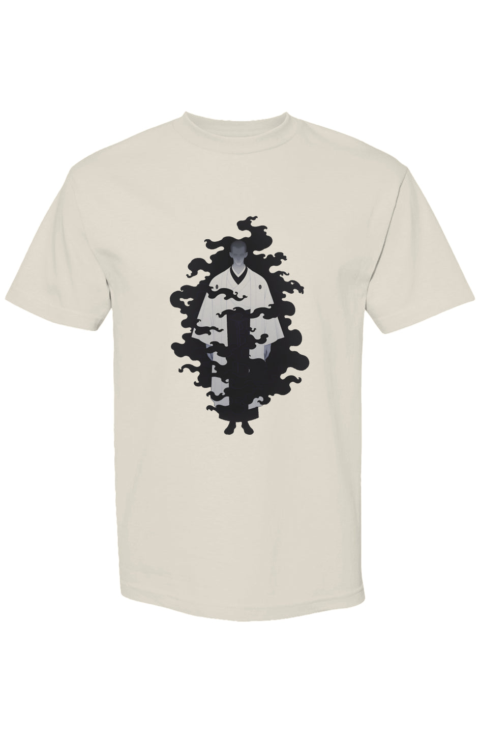 Shinjoku Streetwear Vibes XII | Seven 25 T-shirt with androgynous figure in Japanese attire, swirling black wisps on off-white fabric, minimalist and ethereal design.