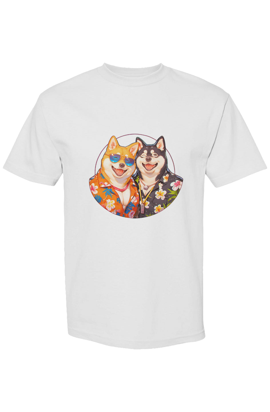 Shinjoku Streetwear Vibes XIV | Seven 25: White t-shirt featuring two cartoon Shiba Inu dogs in Hawaiian shirts, embodying a playful, tropical-vacation theme.