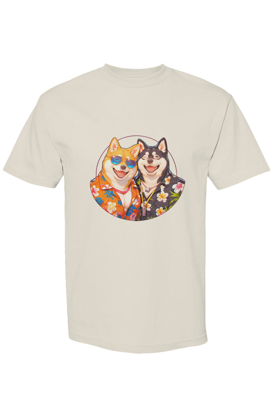 Shinjoku Streetwear Vibes XIV | Seven 25 showcases two Shiba Inu dogs in Hawaiian shirts on an off-white T-shirt, embodying digital-age expression.