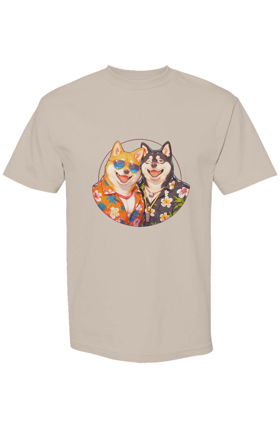 Beige T-shirt featuring cartoon Shiba Inu dogs in Hawaiian shirts from Shinjoku Streetwear Vibes XIV | Seven 25 collection.