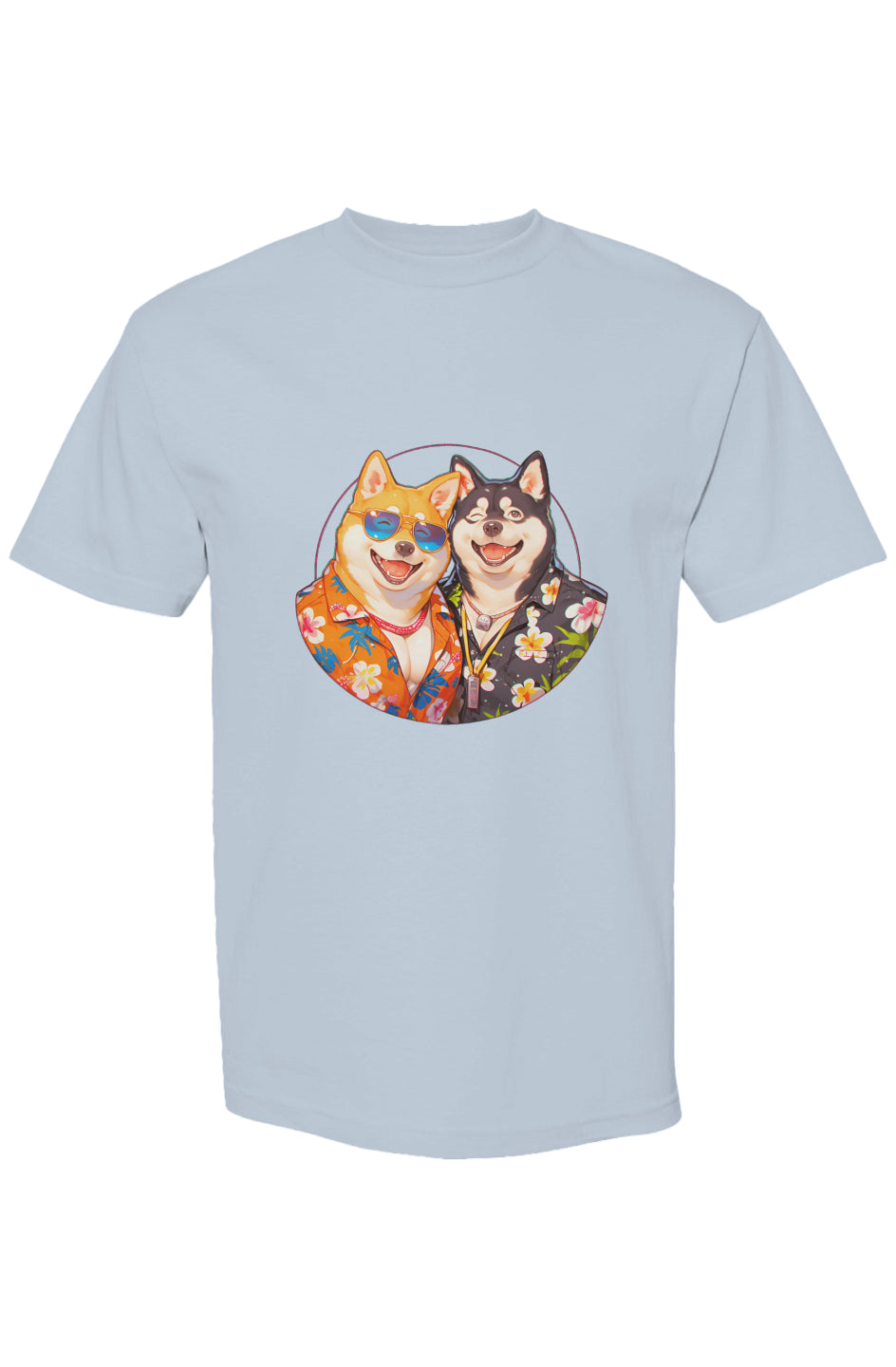 Light-blue Shinjoku Streetwear Vibes XIV | Seven 25 T-shirt featuring two cartoon Shiba-Inu dogs in Hawaiian shirts, one with aviator sunglasses, grinning broadly.