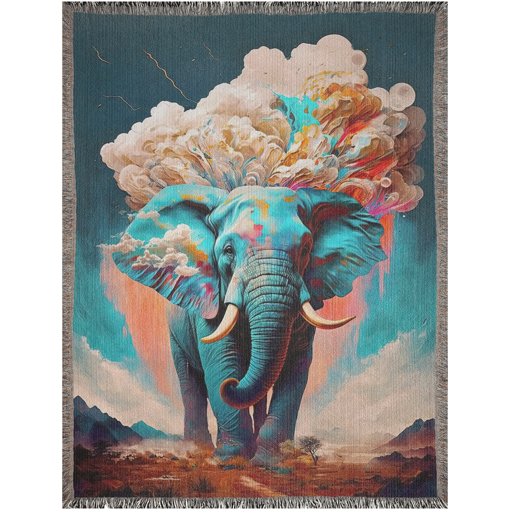 Towering over the landscape, a colossal elephant with clouds on its head. A divine and awe-inspiring sight to behold.