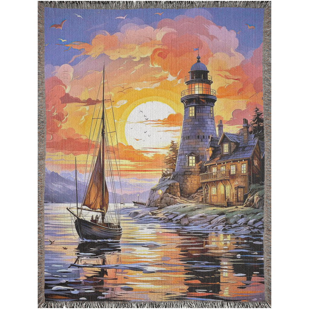 Digital Art of a lighthouse, small house, sail boat, nature and big sunset. Serenity