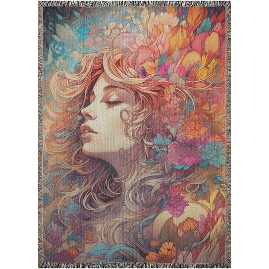 Beauty in Bloom I Woven Blanket features a woman with long hair adorned with flowers, capturing an artistic portrait perfect for home décor.