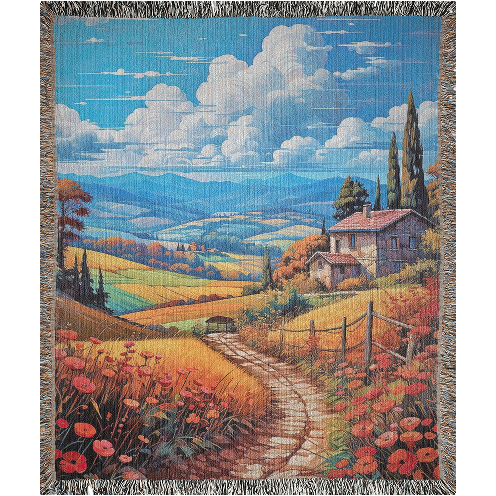 Flower fields, red poppies, golden wheat, little house landscape