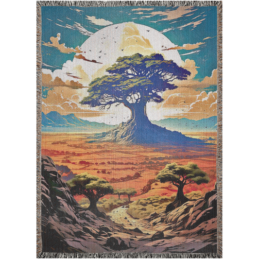 Ancient Sentinel Woven Blanket featuring a tree and moon design, crafted from 100% cotton, ideal for home décor or gifting.