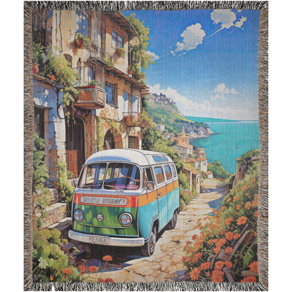 A digital image of an old-school van parked at a seaside village on the Mediterranean.