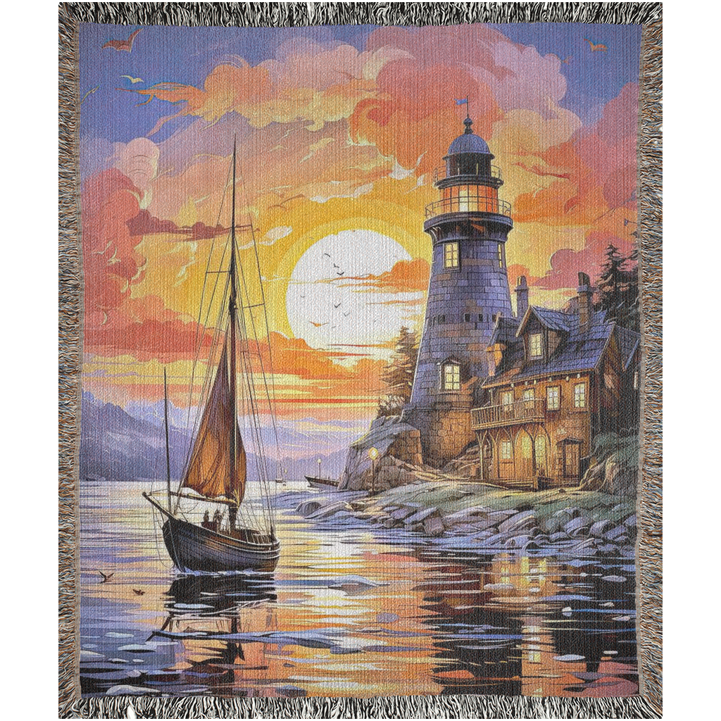 Digital Art of a lighthouse, small house, sail boat, nature and big sunset. Serenity