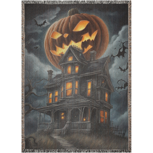 A digital illustration of a spooky old home with a giant pumpkin floating in the sky above.