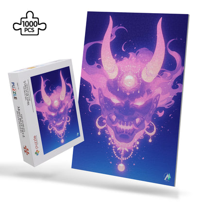 surreal fantasy flaming pink Japanese oni spirit masks jigsaw puzzle