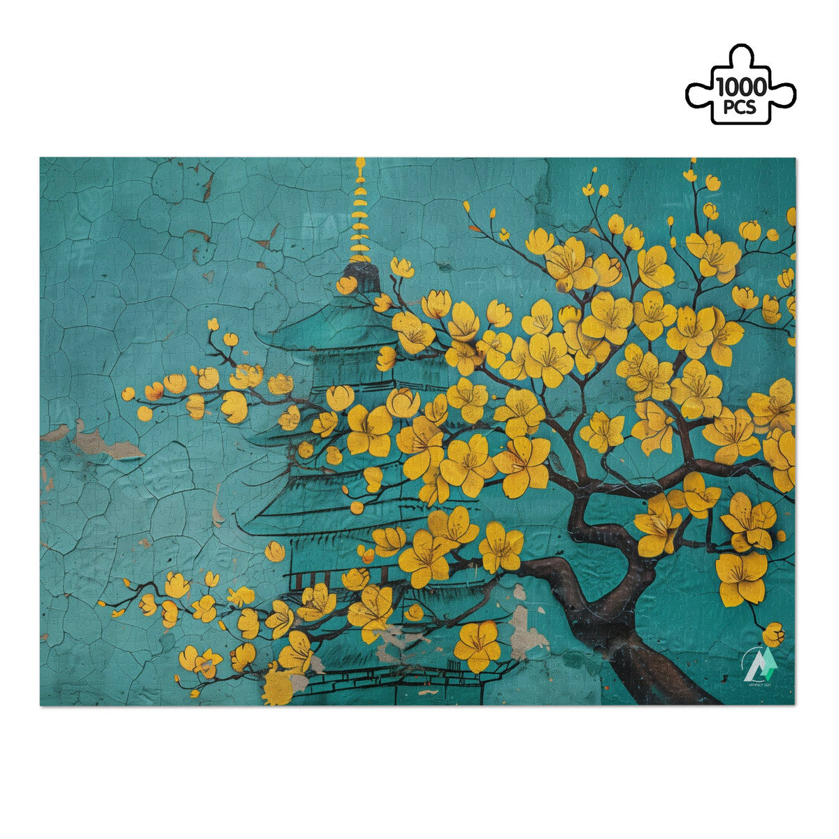 japanese graffiti yellow flowers teal jigsaw puzzle