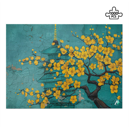 japanese graffiti yellow flowers teal jigsaw puzzle