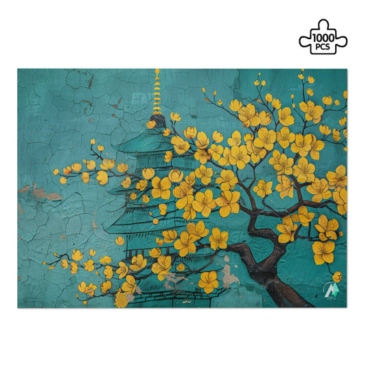 Blossoms Graffiti Puzzle featuring a tree with yellow flowers, available in 500 or 1000 pieces, crafted from premium ivory cardboard with a satin finish.