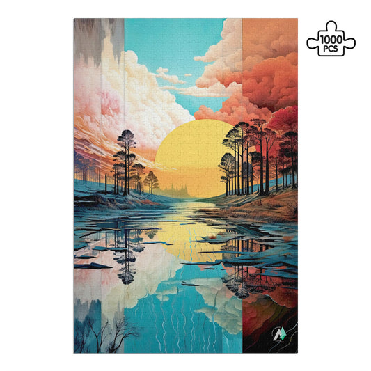 River of Tranquility Puzzle: landscape with sunset, trees, and river; available in 500 or 1000 pieces, crafted from premium ivory cardboard.