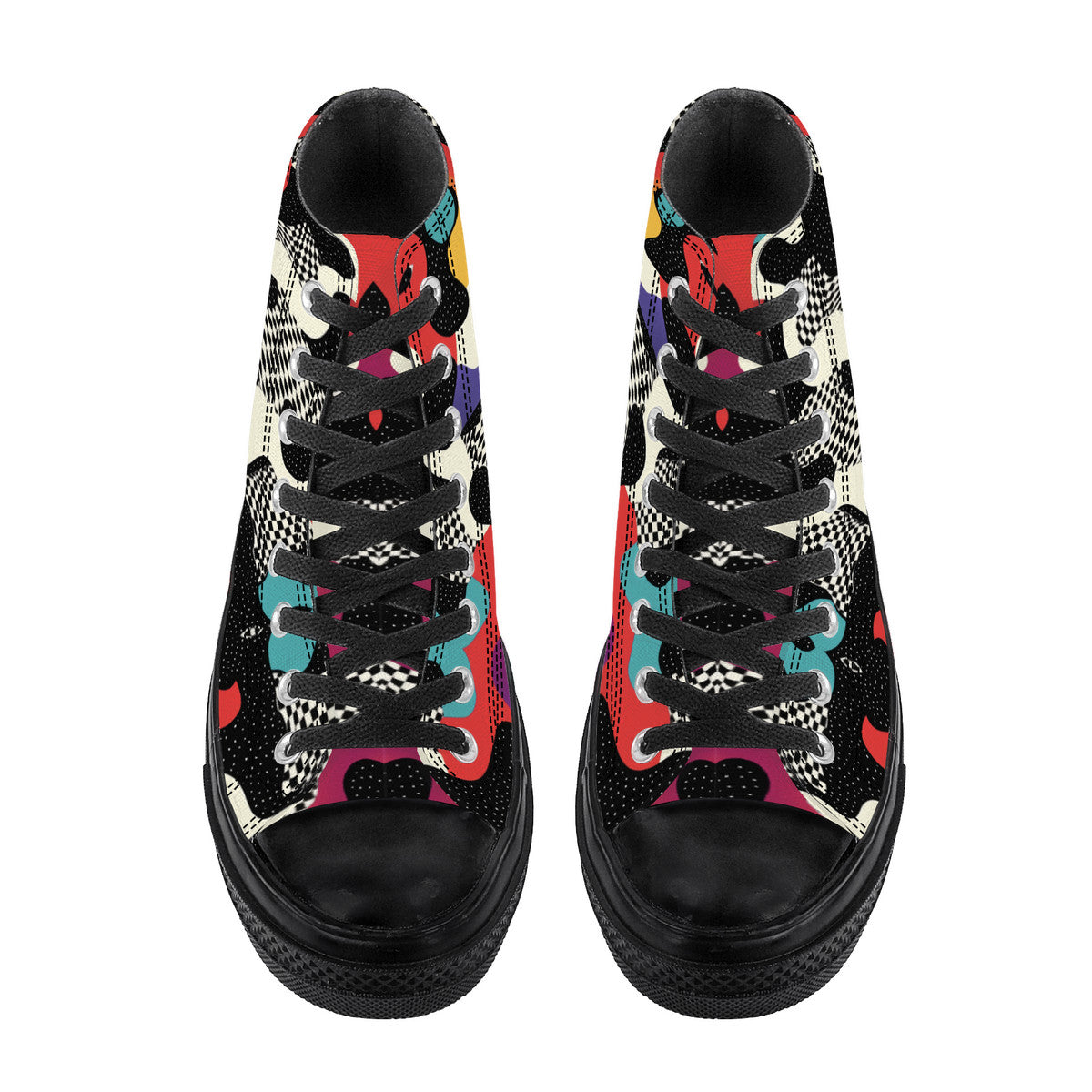 Trippy Drip High Top sneakers featuring psychedelic melting geometric patterns in vibrant red, yellow, teal, and purple colors with checkered details on flowing abstract shapes