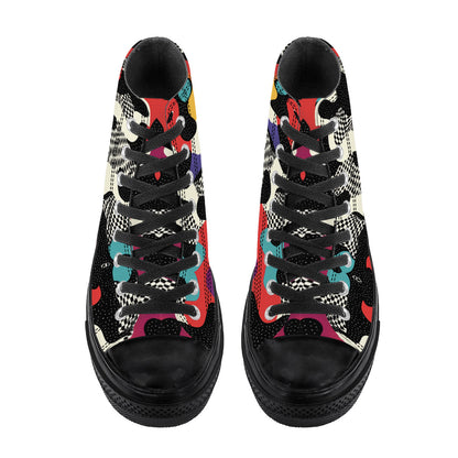 Trippy Drip High Top sneakers featuring psychedelic melting geometric patterns in vibrant red, yellow, teal, and purple colors with checkered details on flowing abstract shapes