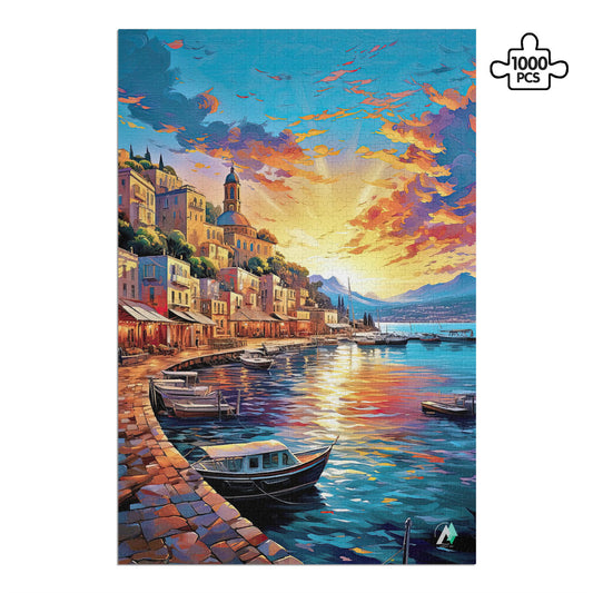 Capri Sunset Puzzle featuring Mediterranean cityscape and boats on water, available in 500 and 1000 pieces, crafted with premium ivory cardboard and satin finish.