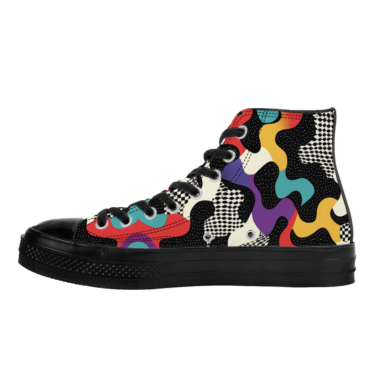 Trippy Drip High Top sneakers featuring psychedelic melting geometric patterns in vibrant red, yellow, teal, and purple colors with checkered details on flowing abstract shapes