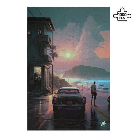 Reflections in the Rain Puzzle features a man beside a car on a road at the beach, crafted from premium ivory cardboard, available in 500 and 1000 pieces.