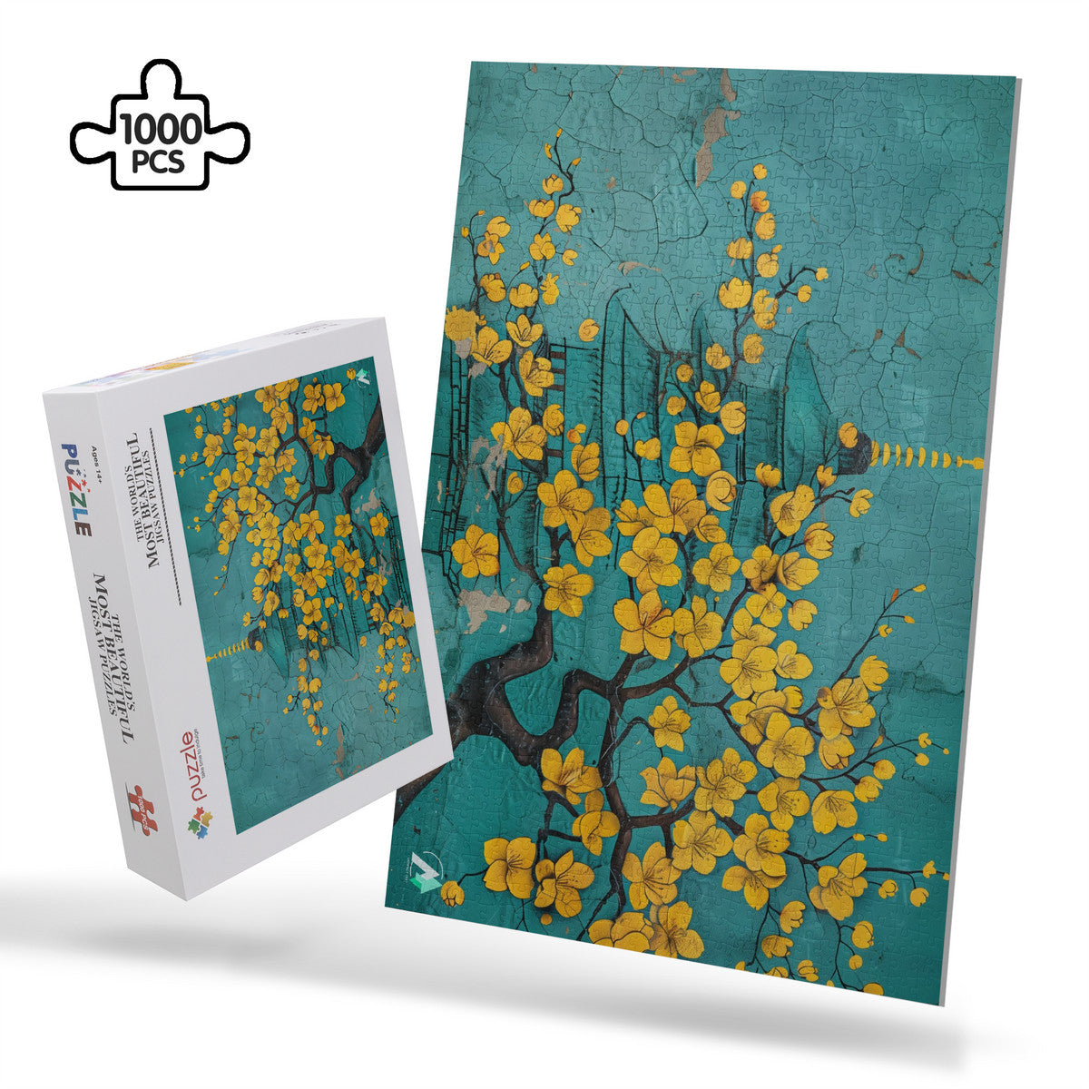 japanese graffiti yellow flowers teal jigsaw puzzle