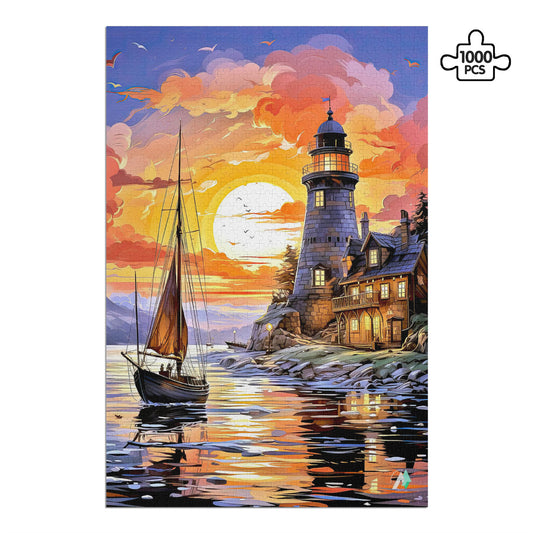 lighthouse sunset sailboat seascape oil painting jigsaw puzzle