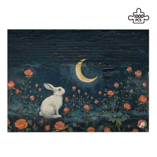 Bunny Meadow Graffiti Puzzle features a rabbit among flowers and a moon, crafted on premium ivory cardboard, available in 500 and 1000 pieces.