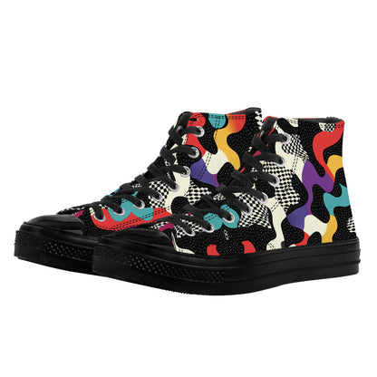 Trippy Drip High Top sneakers featuring psychedelic melting geometric patterns in vibrant red, yellow, teal, and purple colors with checkered details on flowing abstract shapes