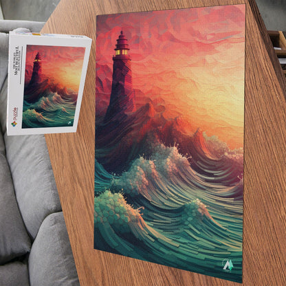 lighthouse high waves sunset seascape jigsaw puzzle