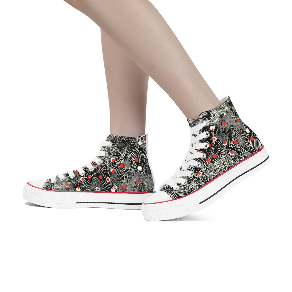 Waypoint Walker (Wht) 🔴⚪ | 1337 High Tops: Black canvas sneakers with white rubber soles and swirling patterns, showcasing streetwear artistry and unisex design.
