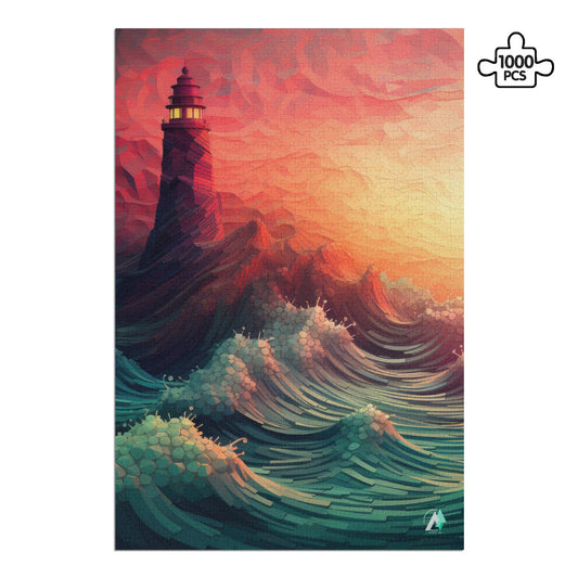 lighthouse high waves sunset seascape jigsaw puzzle