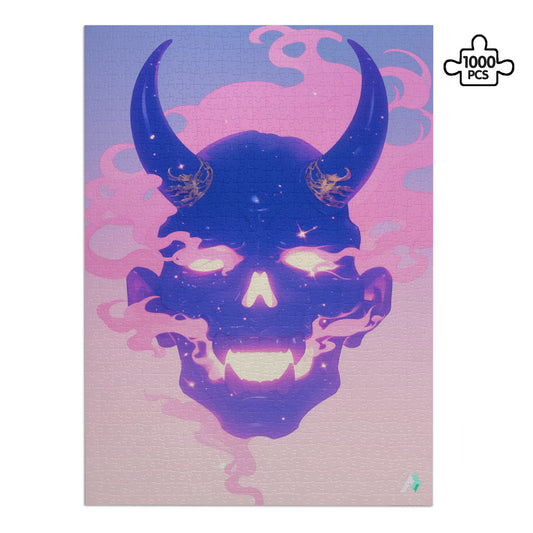 surreal fantasy flaming pink Japanese oni spirit masks jigsaw puzzle