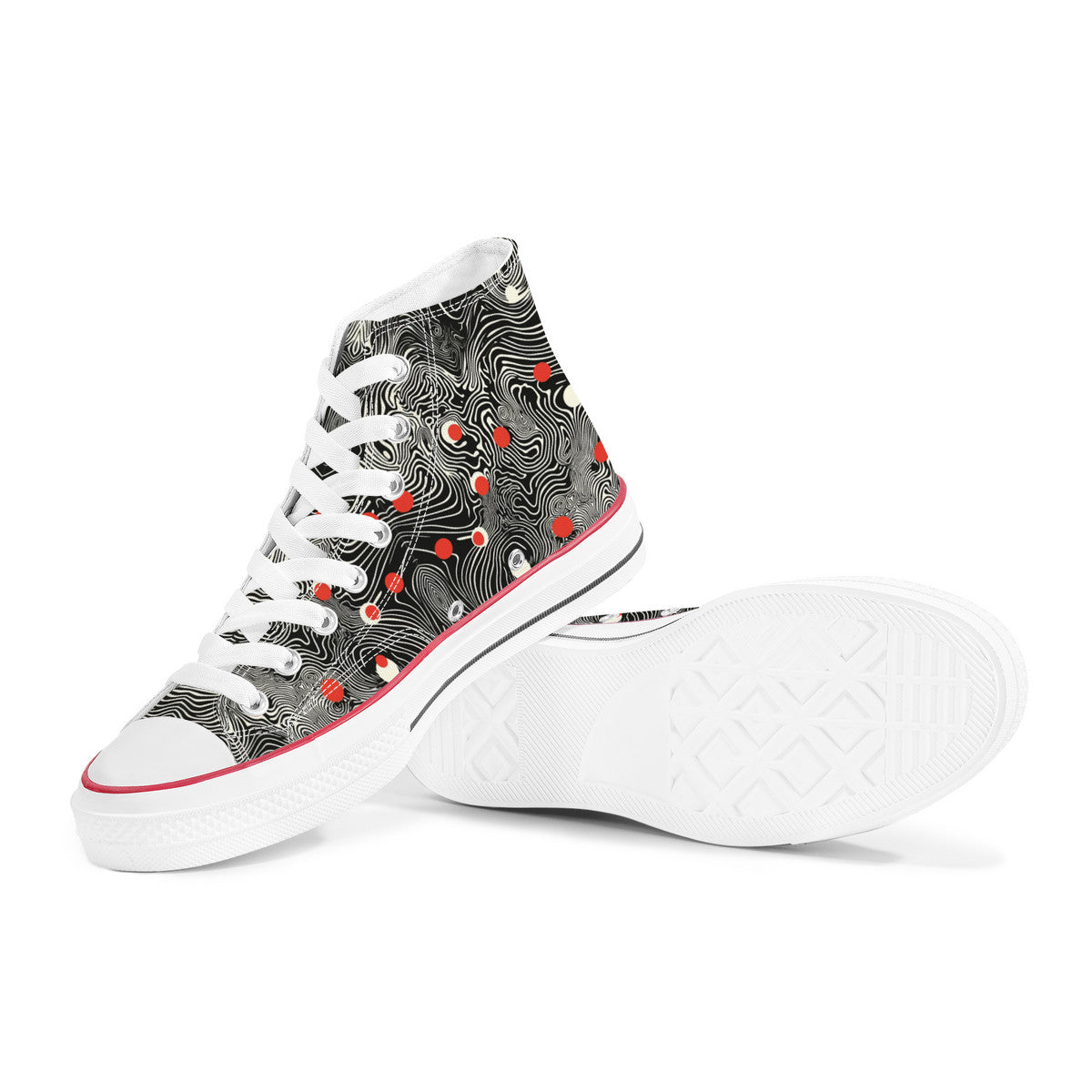 Waypoint Walker (Wht) 🔴⚪ | 1337 High Tops feature black-and-white topographic pattern with red dots, white toe caps, and waffle-pattern soles.