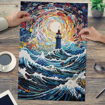 surreal lighthouse giant waves ocean storm jigsaw puzzle