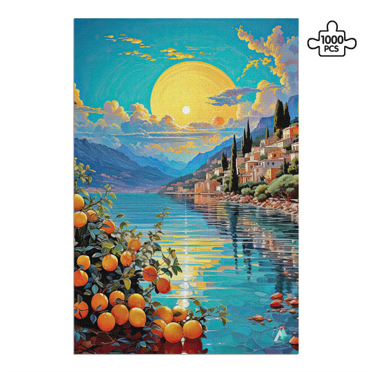 Surreal Menton Puzzle featuring a cityscape by water, oranges on trees, and sunset, available in 500 or 1000 pieces.