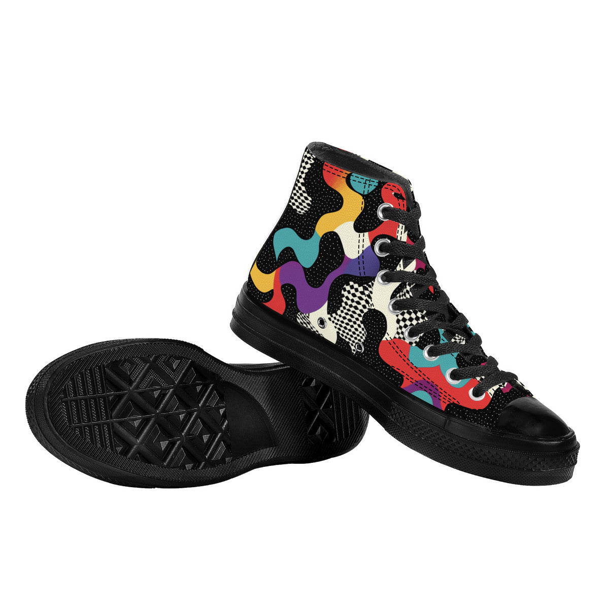 Trippy Drip High Top sneakers featuring psychedelic melting geometric patterns in vibrant red, yellow, teal, and purple colors with checkered details on flowing abstract shapes