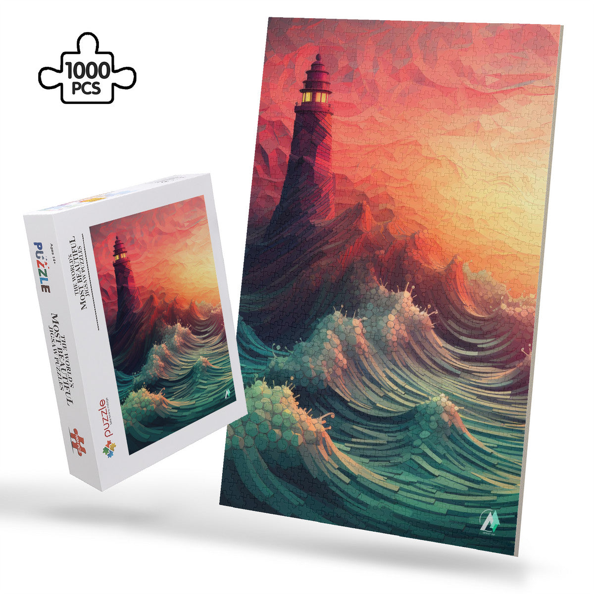 lighthouse high waves sunset seascape jigsaw puzzle