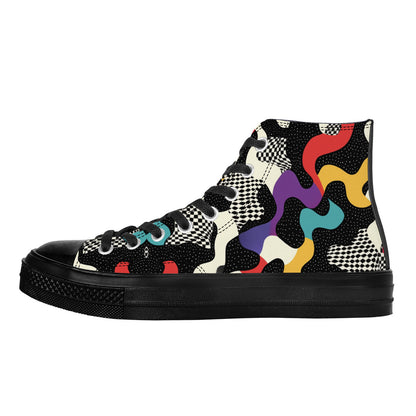 Trippy Drip High Top sneakers featuring psychedelic melting geometric patterns in vibrant red, yellow, teal, and purple colors with checkered details on flowing abstract shapes