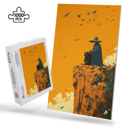 man meditating on a cliff birds flying jigsaw puzzle